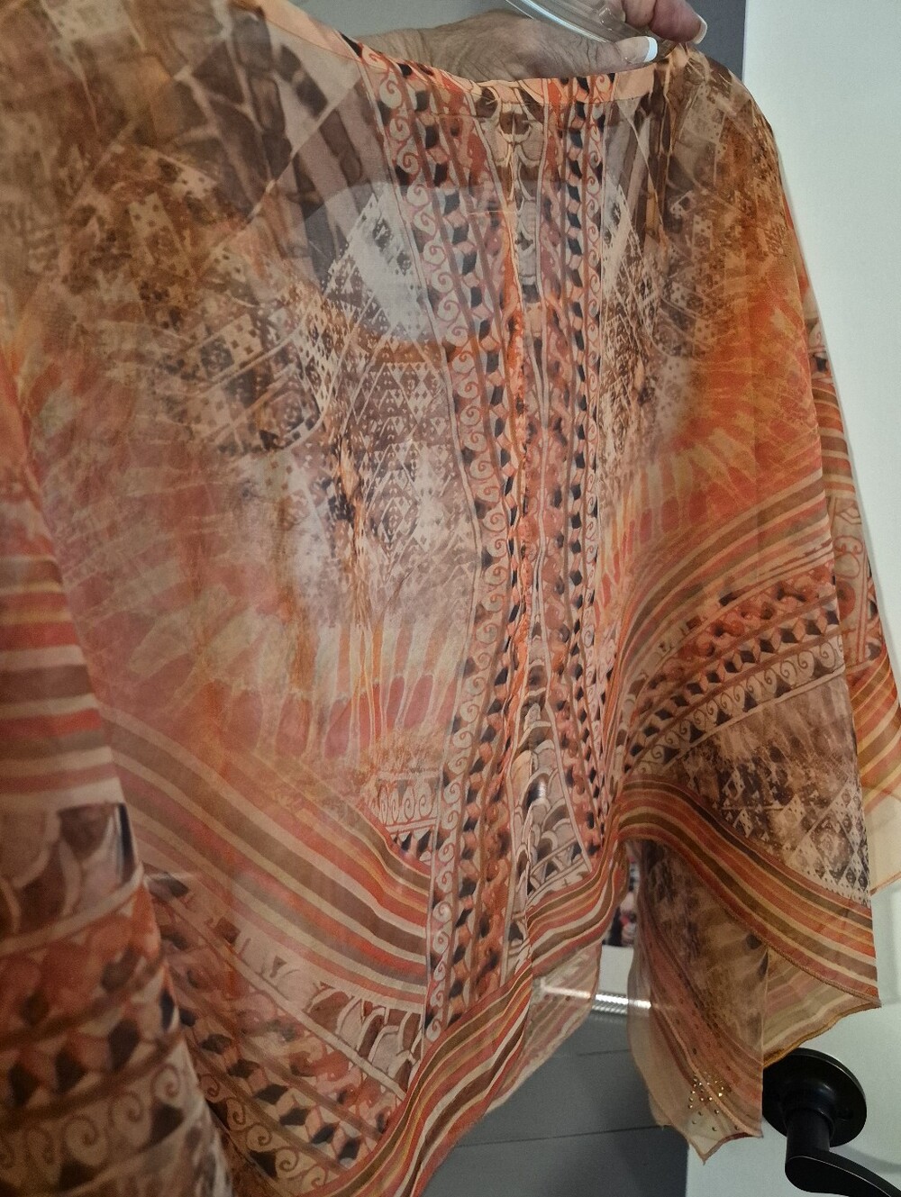 Sheer Orange Patterned Women's Top - Lightweight Boho Blouse - Picture 4 of 5